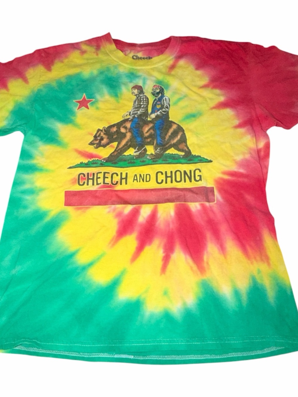 Cheech and Chong Tie Dye T-Shirt L California Bear Graphic Rasta Colors 🌈